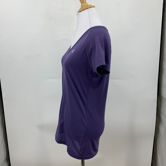 Under Armour T Shirt Womens XS Purple Semi Fitted HeatGear V Neck Sweat Wick - Picture 4 of 14